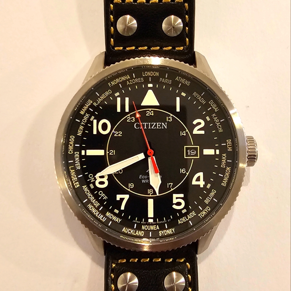 Men's Citizens Eco Drive Promaster Nighthawk Perpetual World Time Watch.